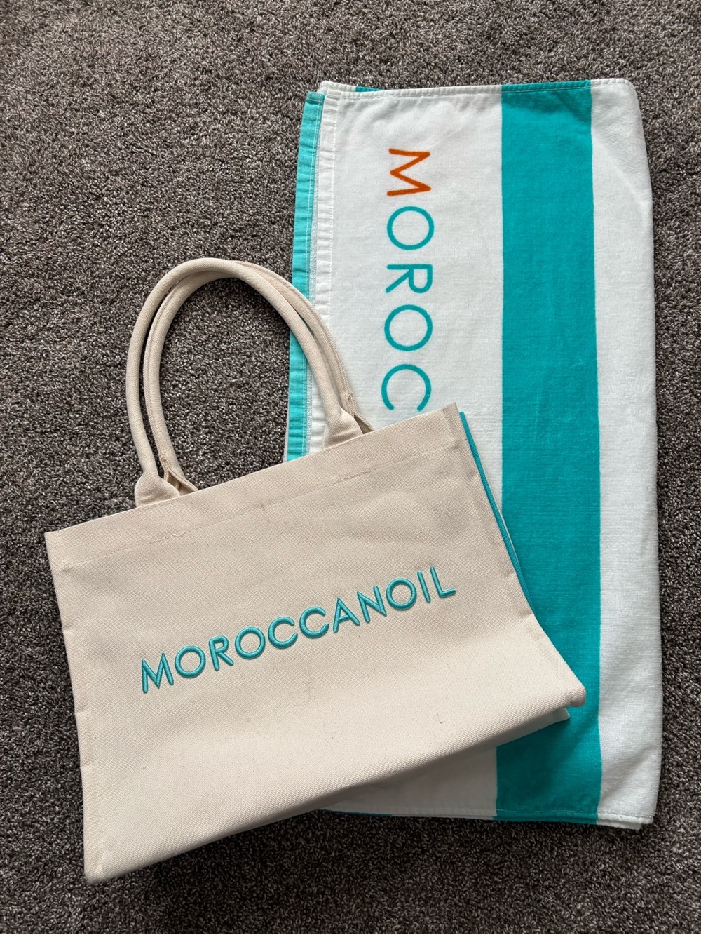 Moroccanoil Cream Canvas Tote with Teal Logo with Bath Towel